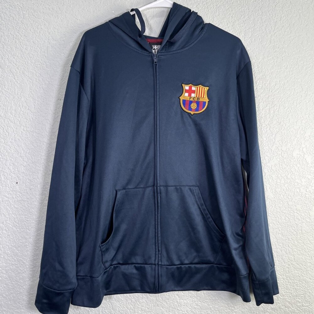 FC Barcelona Hoodie Mens L Navy Blue Full Zip Soccer Jacket Training Fan Gear‎